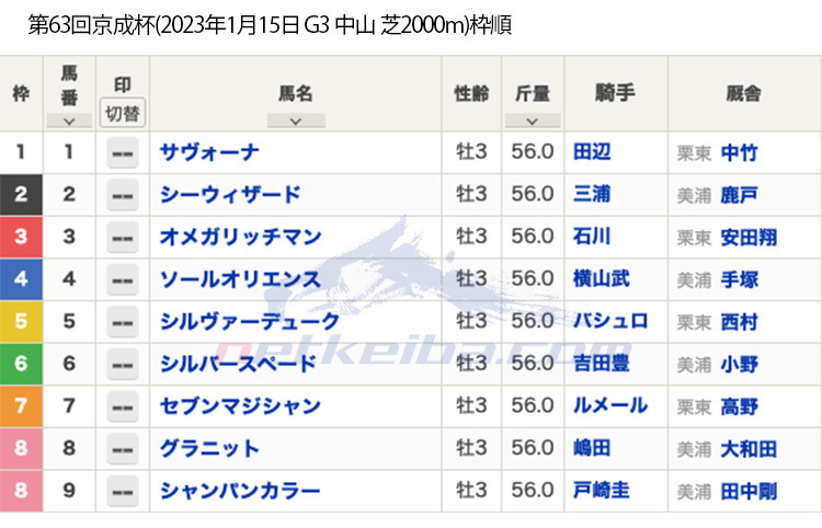 【京成杯(G3)枠順】セブンマジシャンは7枠7番、ソールオリエンスは4枠4番、シャンパンカラーは8枠9番