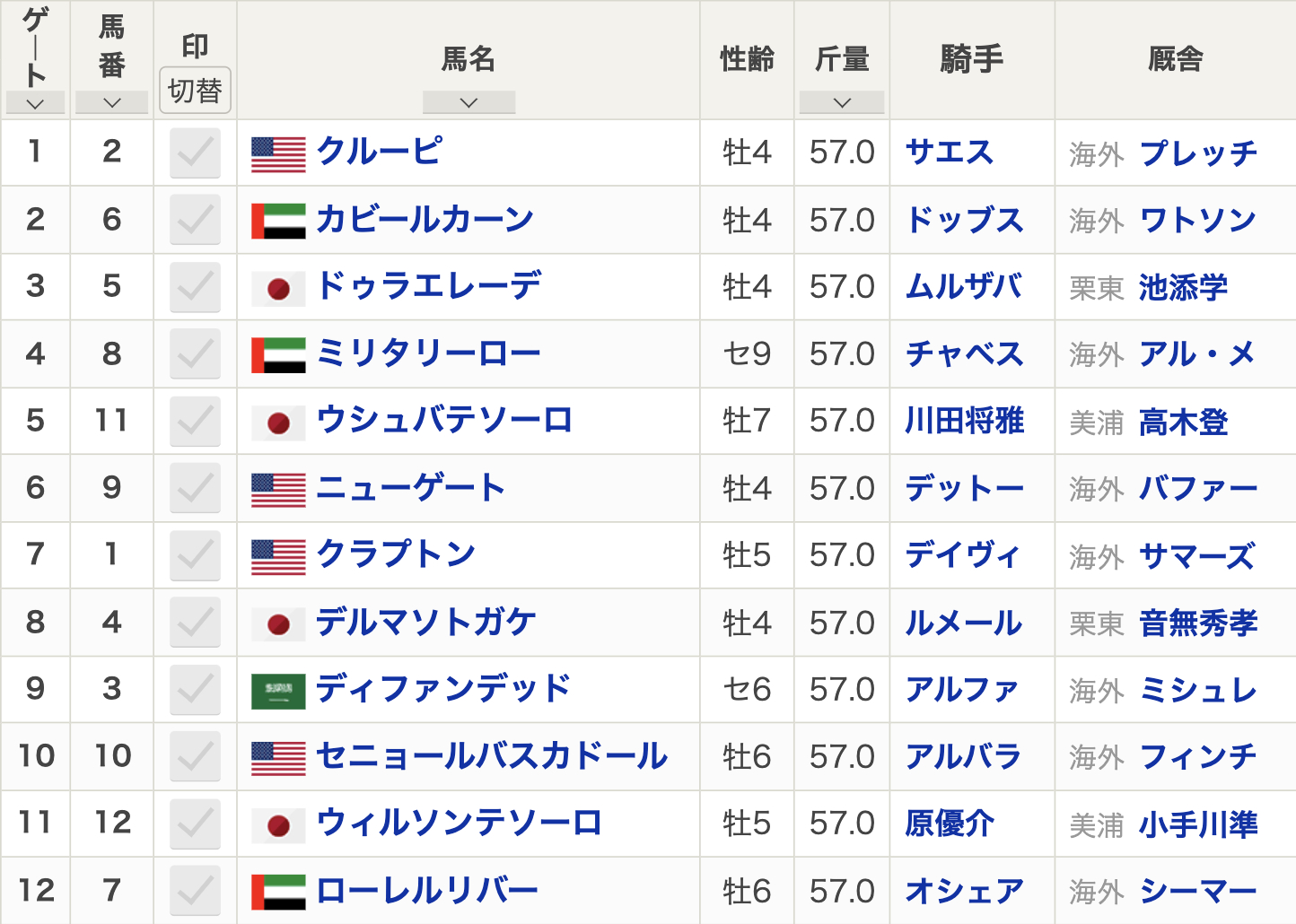 ドバイワールドカップ2024枠順(G1・ダート2000m (左) 12頭 / 2024年3月30日(土)25:35発走)