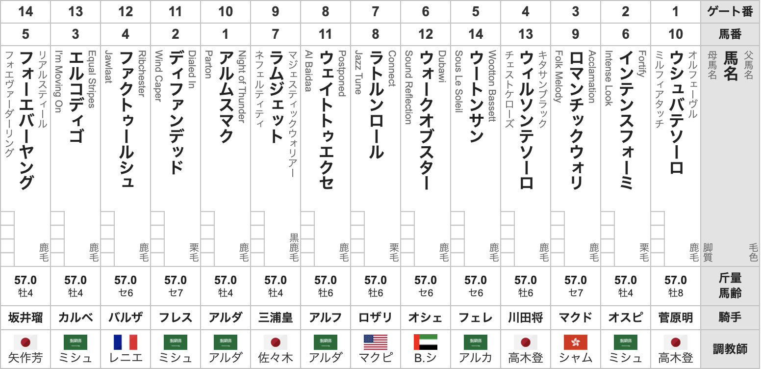 2025年サウジカップ(G1・ダート1800m)の枠順