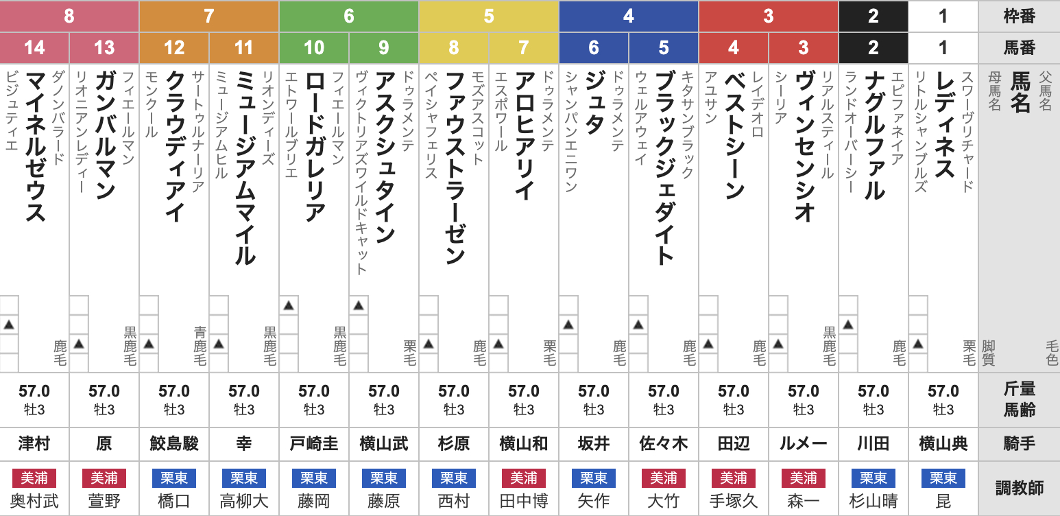 2025年弥生賞(3月9日(日)15:45発走・3歳・G2・中山競馬場・芝2000m・14頭)枠順