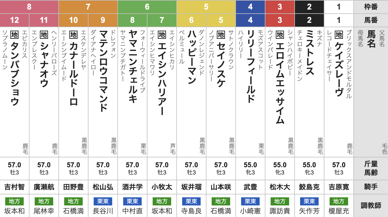2025年兵庫チャンピオンシップ(Jpn2・3歳・ダート1400m・12頭)枠順