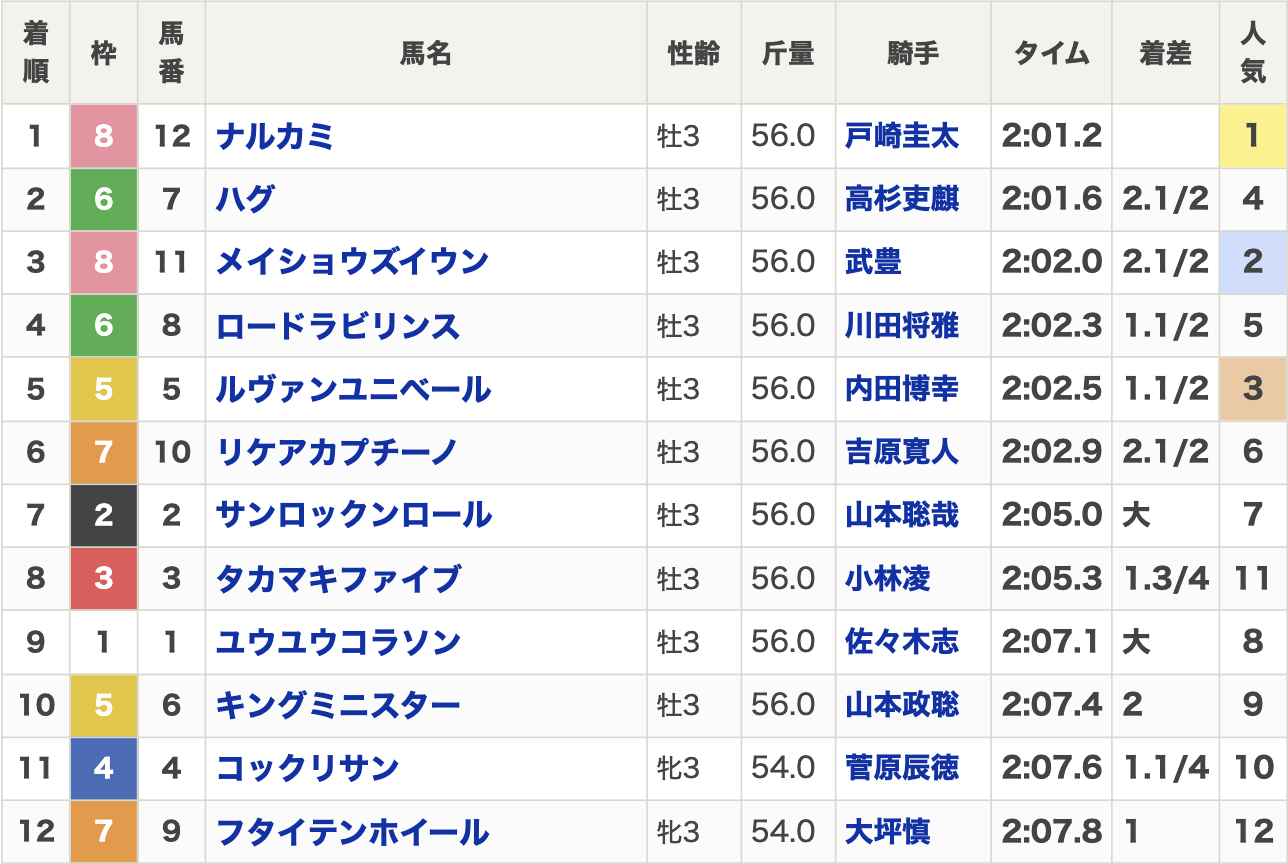 2025年不来方賞(Jpn2・3歳・ダート2000m・12頭)結果