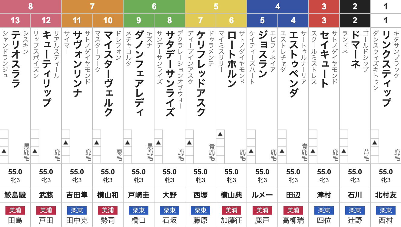 紫苑ステークス(9月7日(日)15:45発走・3歳牝・G2・中山競馬場・芝2000m・13頭)枠順