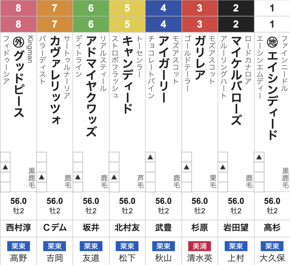 デイリー杯2歳ステークス(11月15日(土)15:45発走・2歳・G2・京都競馬場・芝1600m・8頭)枠順