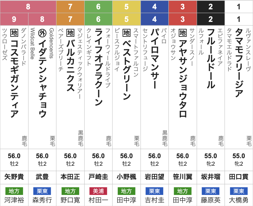 2025年全日本2歳優駿(Jpn1・2歳・ダート1600m・9頭)枠順
